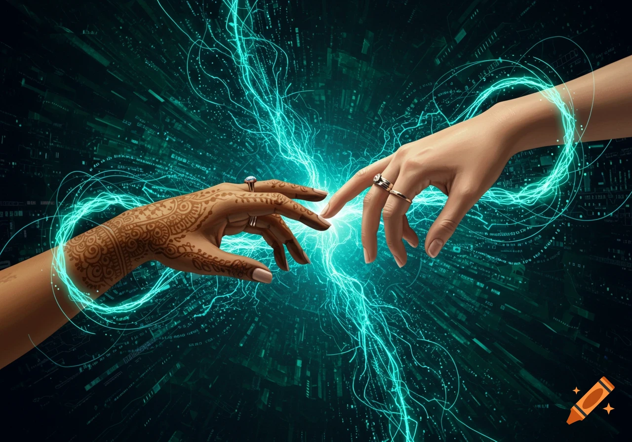 Two hands, one with henna, illuminated by teal energy, reach toward each other against a dark, abstract digital background.