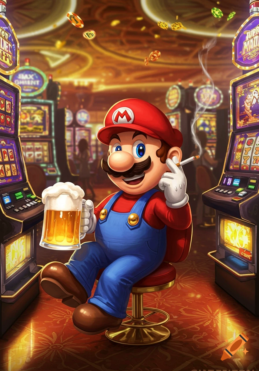 Cartoon Mario sits in a casino, holding a beer and smoking a cigarette, surrounded by slot machines.