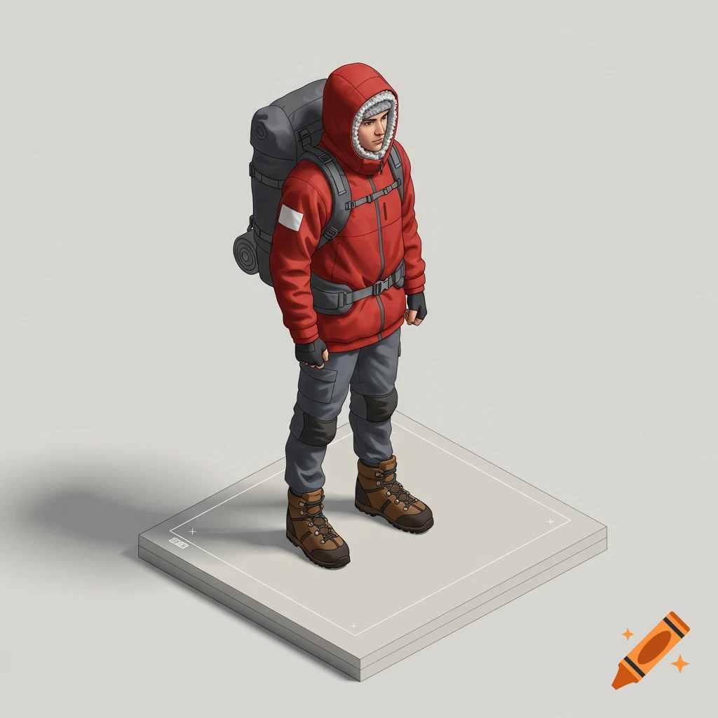 An isometric illustration of a male hiker in a red jacket, gray pants, and a backpack standing on a light gray platform.