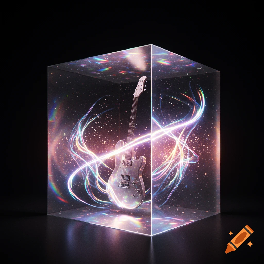 An electric guitar inside a transparent cube, surrounded by swirling, glowing light and sparkles against a dark background.