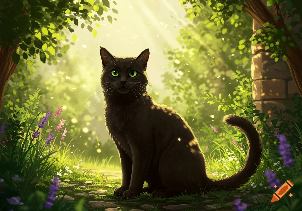 A black cat with vibrant green eyes sits on a path in a sun-dappled forest, surrounded by lush greenery and flowers.