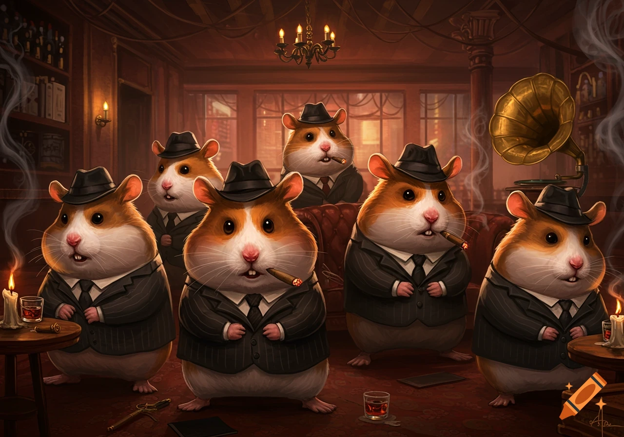 A group of cute hamsters in pinstripe suits and fedoras, some smoking cigars, in a vintage, dimly lit room.