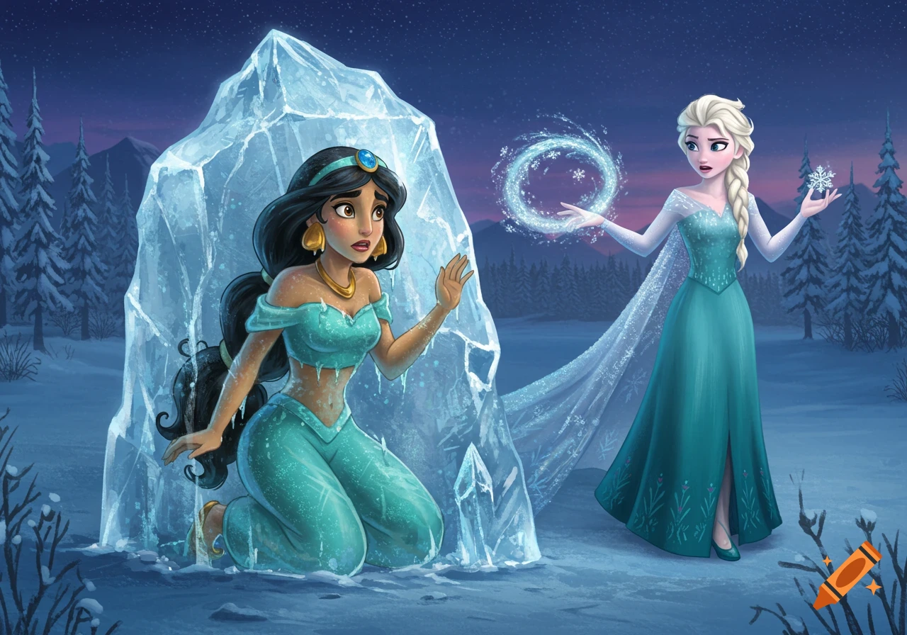 Elsa uses ice magic on Jasmine in a snowy landscape, cartoon style.