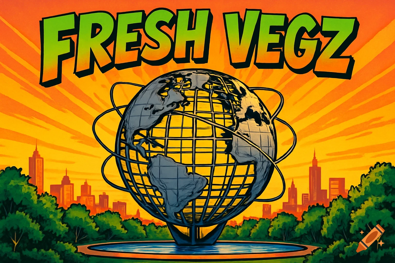 Vibrant comic book style banner with 'FRESH VEGZ' above the Unisphere in Flushing Meadows Park, NYC, against an orange sky.