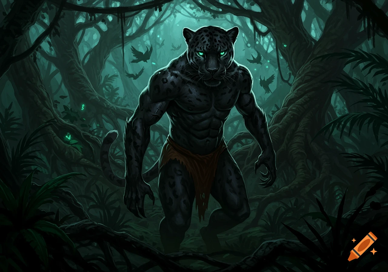 A muscular, bipedal black jaguar creature with glowing green eyes stands in a dark, overgrown jungle in a dark fantasy illustration.