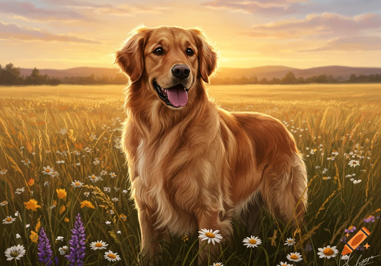 A golden retriever stands happily in a sunlit field of tall grass and wildflowers at sunset.