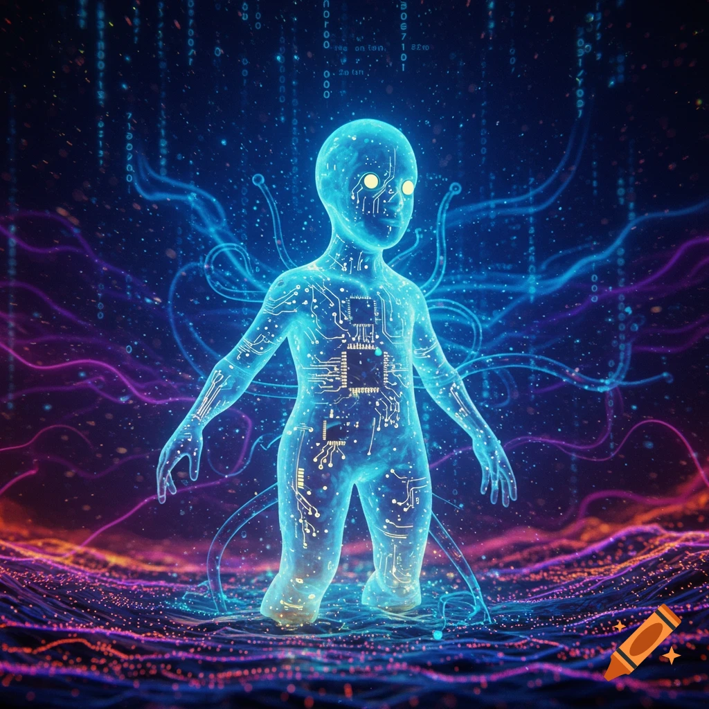 A glowing, translucent humanoid figure made of circuit boards stands in a vibrant digital landscape with binary code falling.