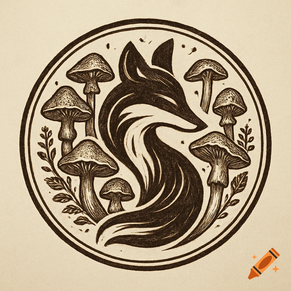 A black and white linocut-style logo features a fox head and body forming an S-curve, surrounded by various mushrooms and small branches, all within a circular border on a light background.