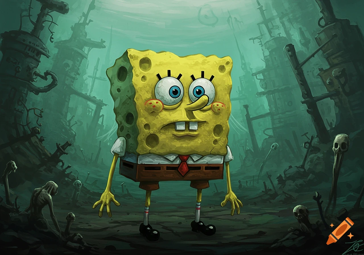 Spongebob Squarepants stands in a desolate, green-hued wasteland with skeletal figures and decaying structures, in the style of Zdzisław Beksiński.