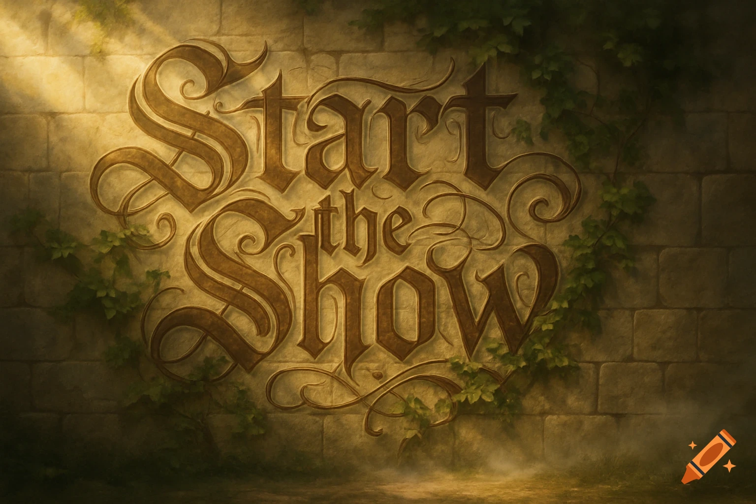 Ornate 'Start the Show' text carved into a stone wall with green vines, bathed in golden light.
