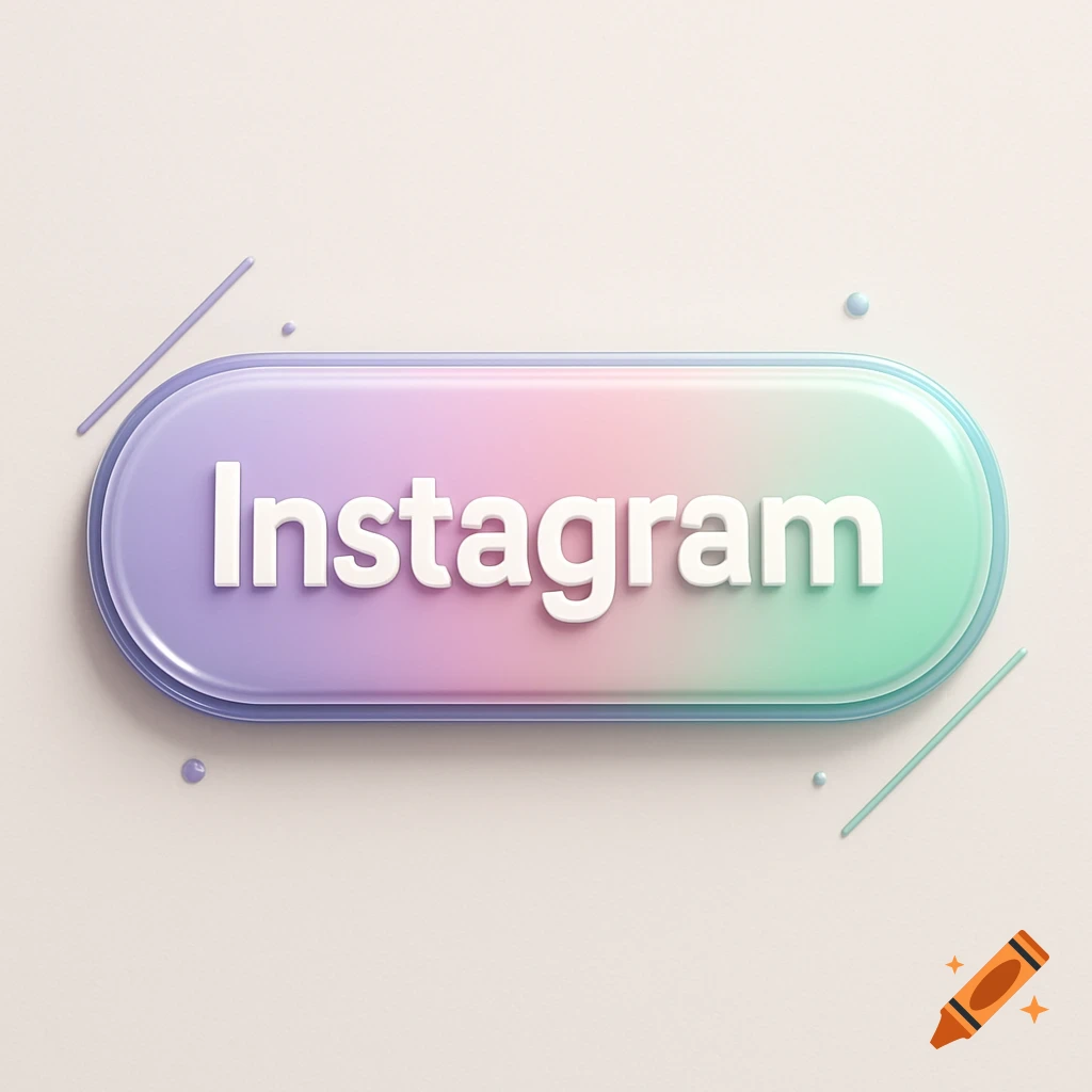 3D rendered Instagram button with a gradient of purple, pink, and green on a light background.
