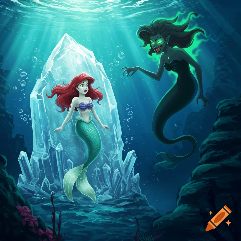 Ariel, frozen in a large ice crystal underwater, is taunted by a menacing Morgana.