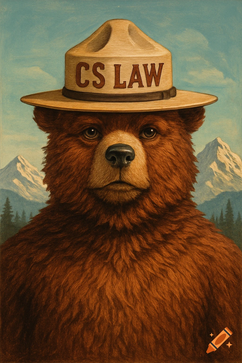 A detailed illustration of a bear wearing a park ranger hat with 'CS LAW' on it, against a background of mountains and trees.
