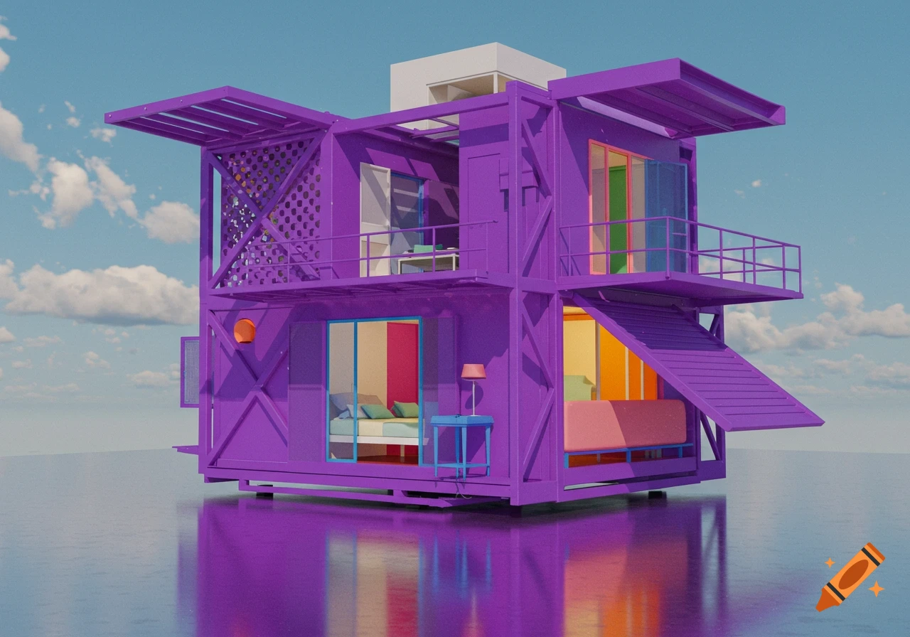 A vibrant purple modular building with balconies and colorful rooms, reflected on a shiny surface under a blue sky. Architectural concept.