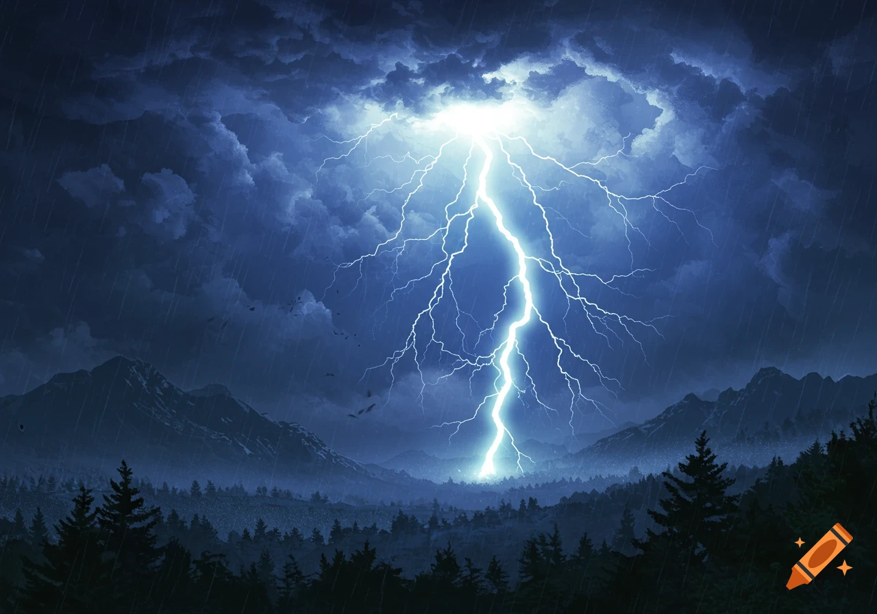 A powerful lightning bolt illuminates a dark, stormy sky over a misty mountain range with pine forests during a heavy rain.