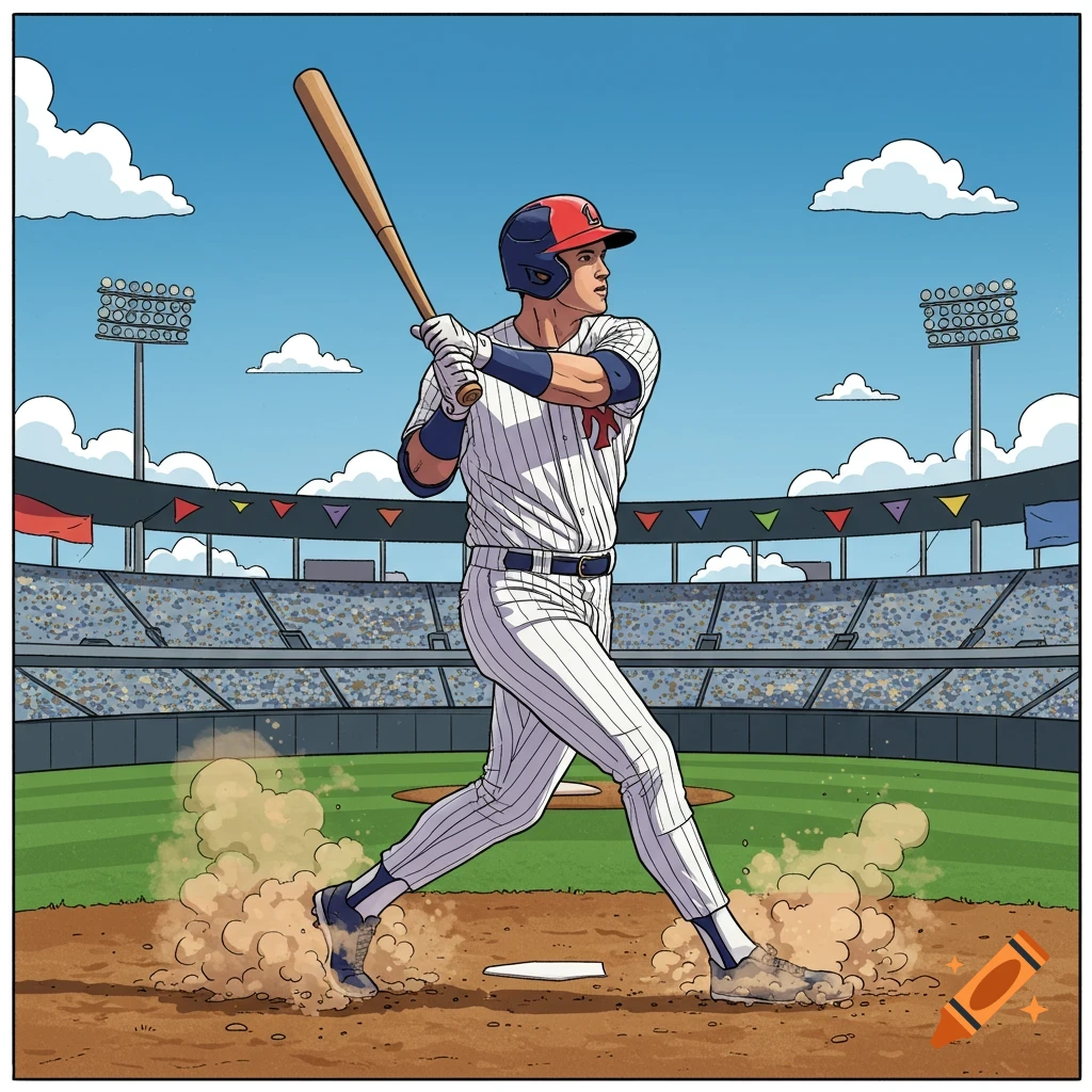 A baseball player in a striped uniform and helmet swings a bat in a stadium, kicking up dust, in a comic book illustration style.
