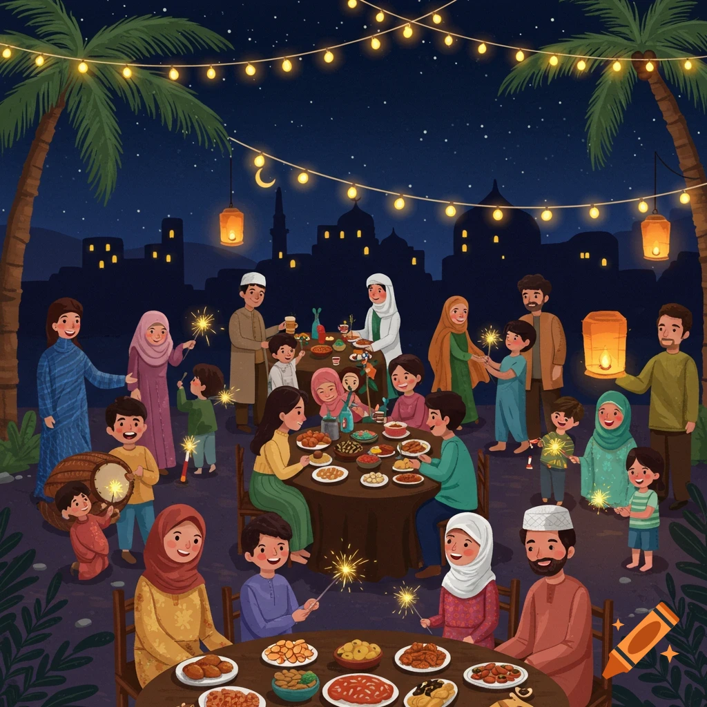 An illustration of a joyful Muslim family celebrating Eid al-Fitr at night, with sparklers, lanterns, and a large feast under string lights.