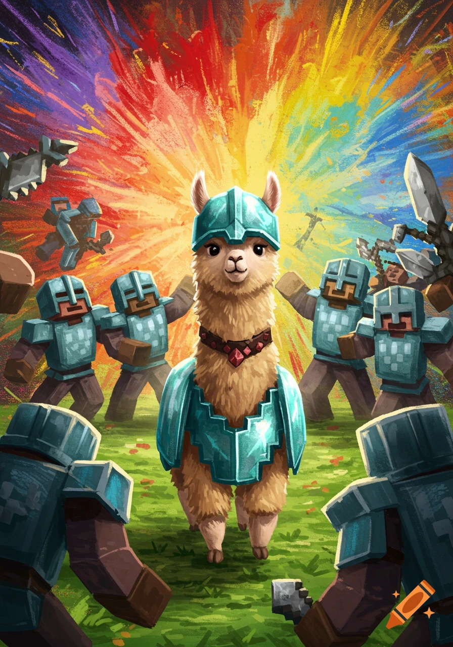 An alpaca in teal armor stands heroically in a Minecraft-inspired world, surrounded by blocky warriors and a colorful explosion.