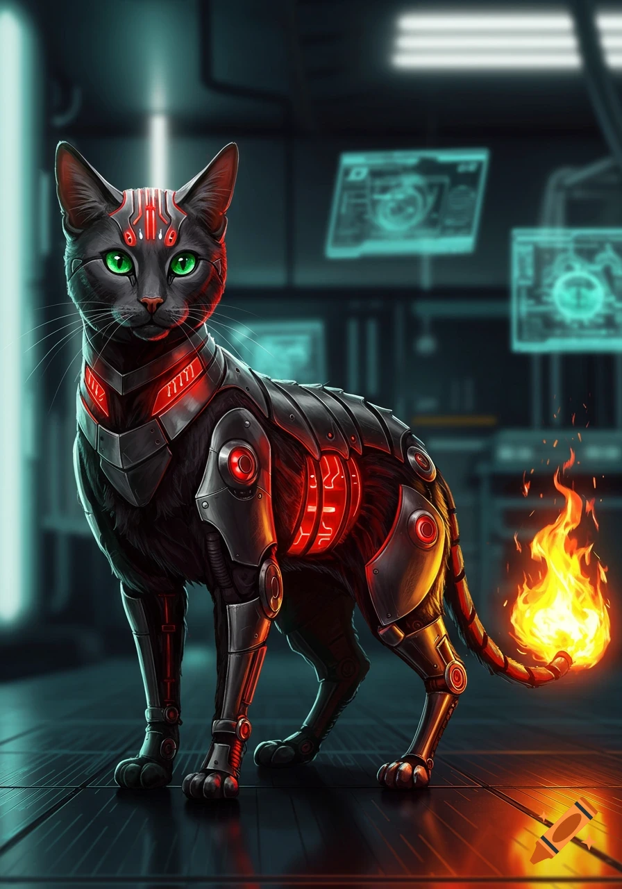 A black and red cyborg cat with glowing green eyes and red armored details stands in a futuristic setting, with flames at the end of its tail.