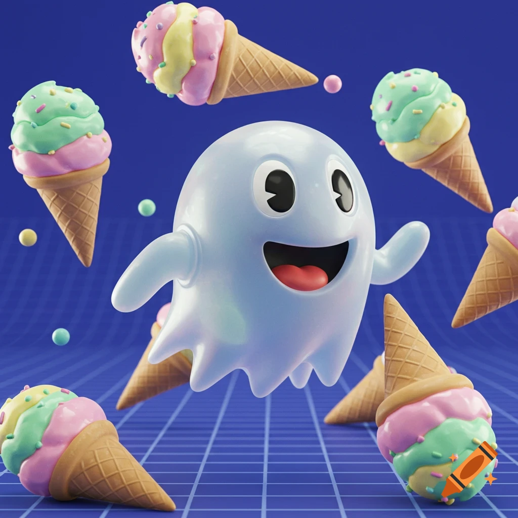 A cute, light blue 3D ghost with a happy expression floats among colorful ice cream cones and small, scattered candies on a blue grid background.