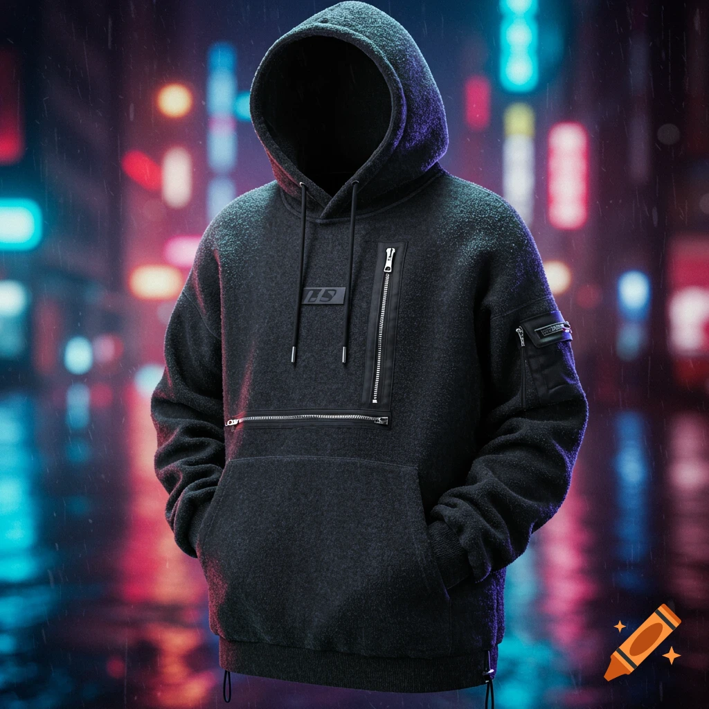 A dark gray, textured streetwear hoodie with zippers and pockets, displayed against a blurred, neon-lit city background in the rain.