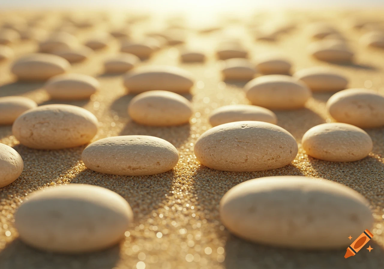 Close-up of numerous smooth, light tan pebbles scattered on sparkling sand under soft sunlight.