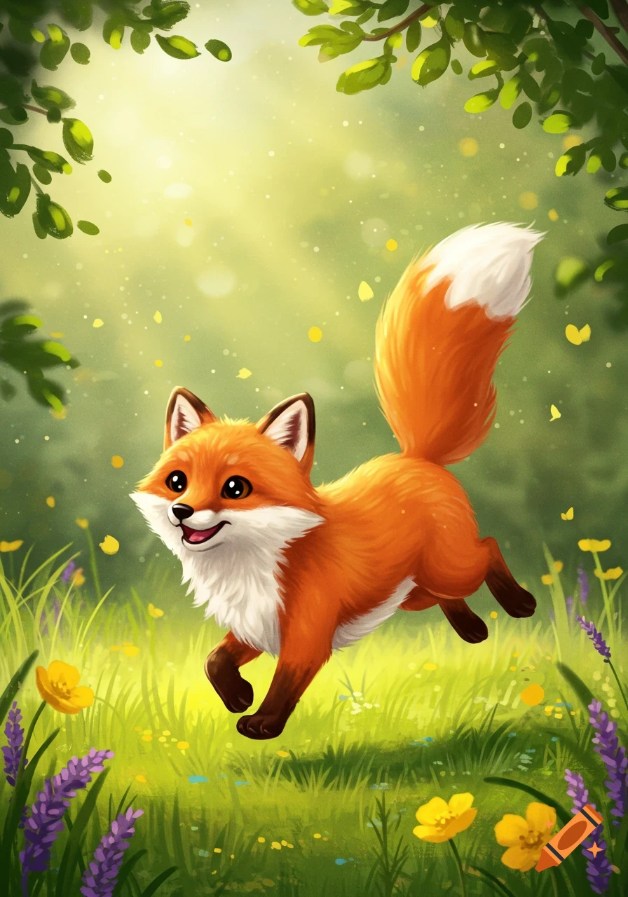A cute, happy orange and white fox leaps through a sunny, green field with yellow and purple flowers, in an illustrated cartoon style.