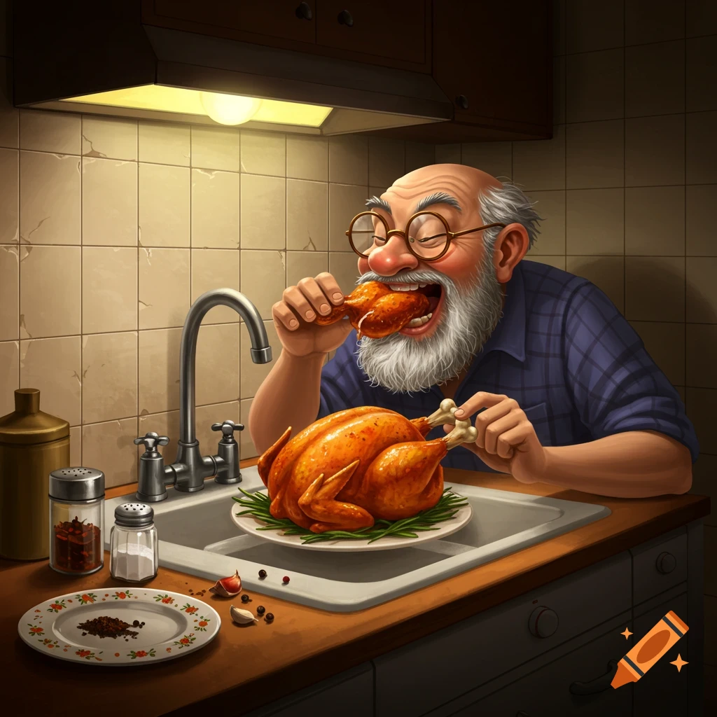 An illustrative image of an old man with a white beard devouring a roasted chicken over a kitchen sink.