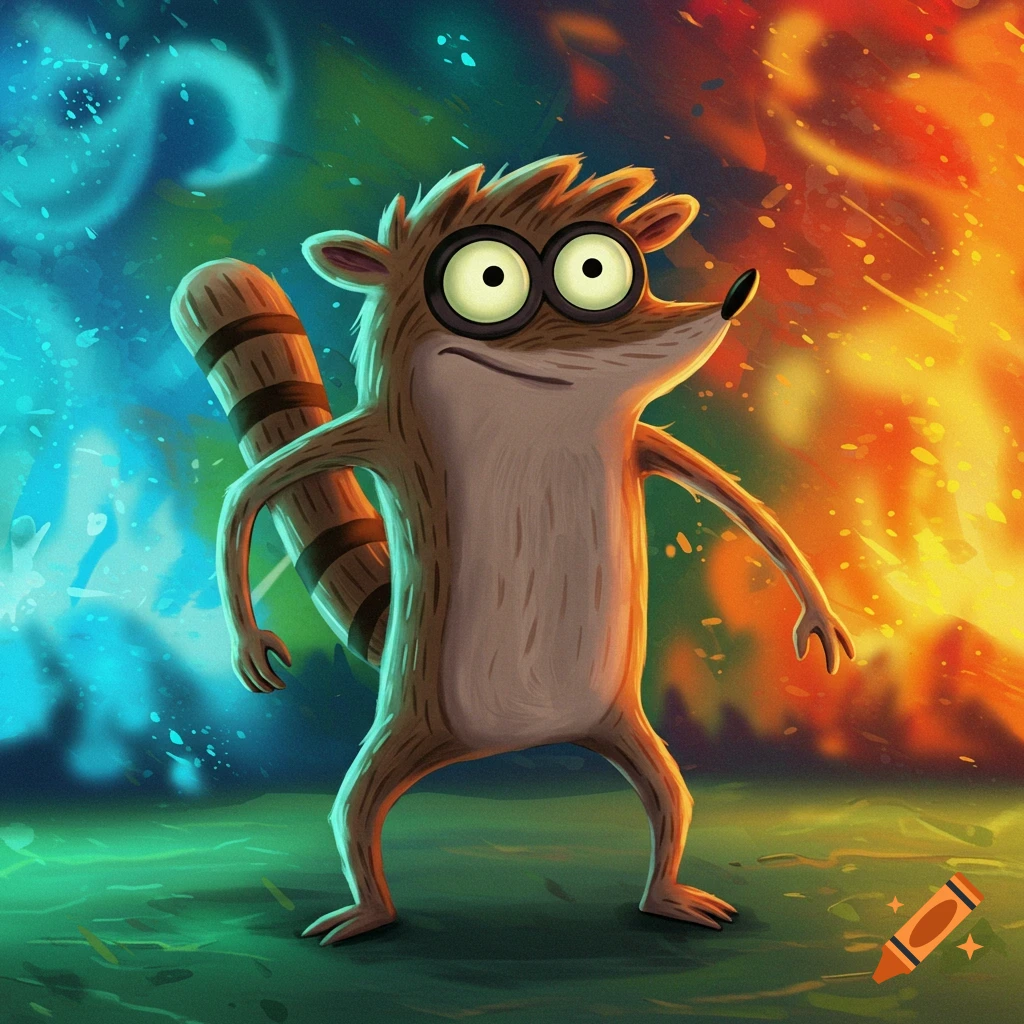 A vibrantly colored digital illustration of Rigby the raccoon character, standing against a split background of blue and red elemental forces.