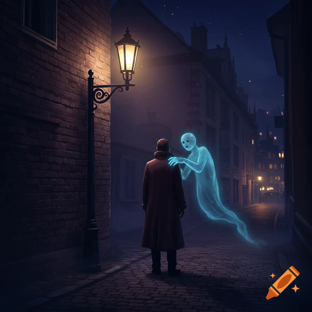 A person in a coat stands in a dark, cobblestone alley at night, under a street lamp, with a glowing blue ghost touching their shoulder.