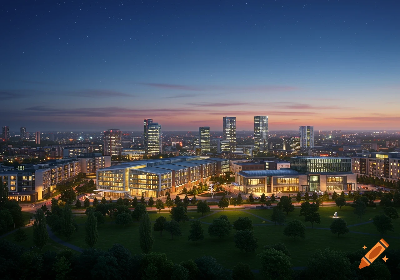 An aerial view of a modern city at dusk, with illuminated buildings, green parks, and a twilight sky with visible stars.