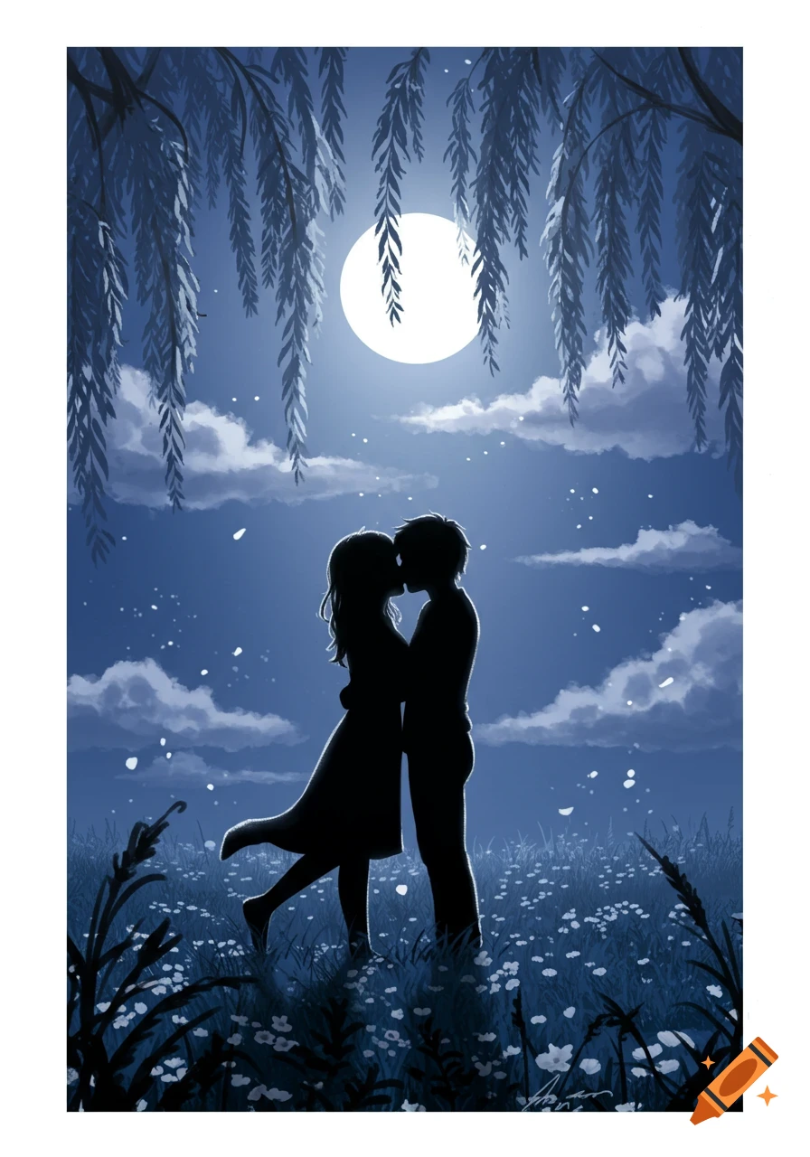 Silhouetted couple kissing under a full moon, framed by weeping willow branches, in a field of flowers at night. Illustration style.