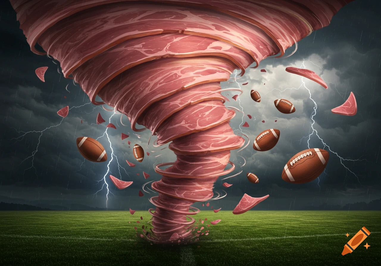 A ham tornado rages over a football field, scattering footballs and slices of ham amidst lightning and stormy skies.