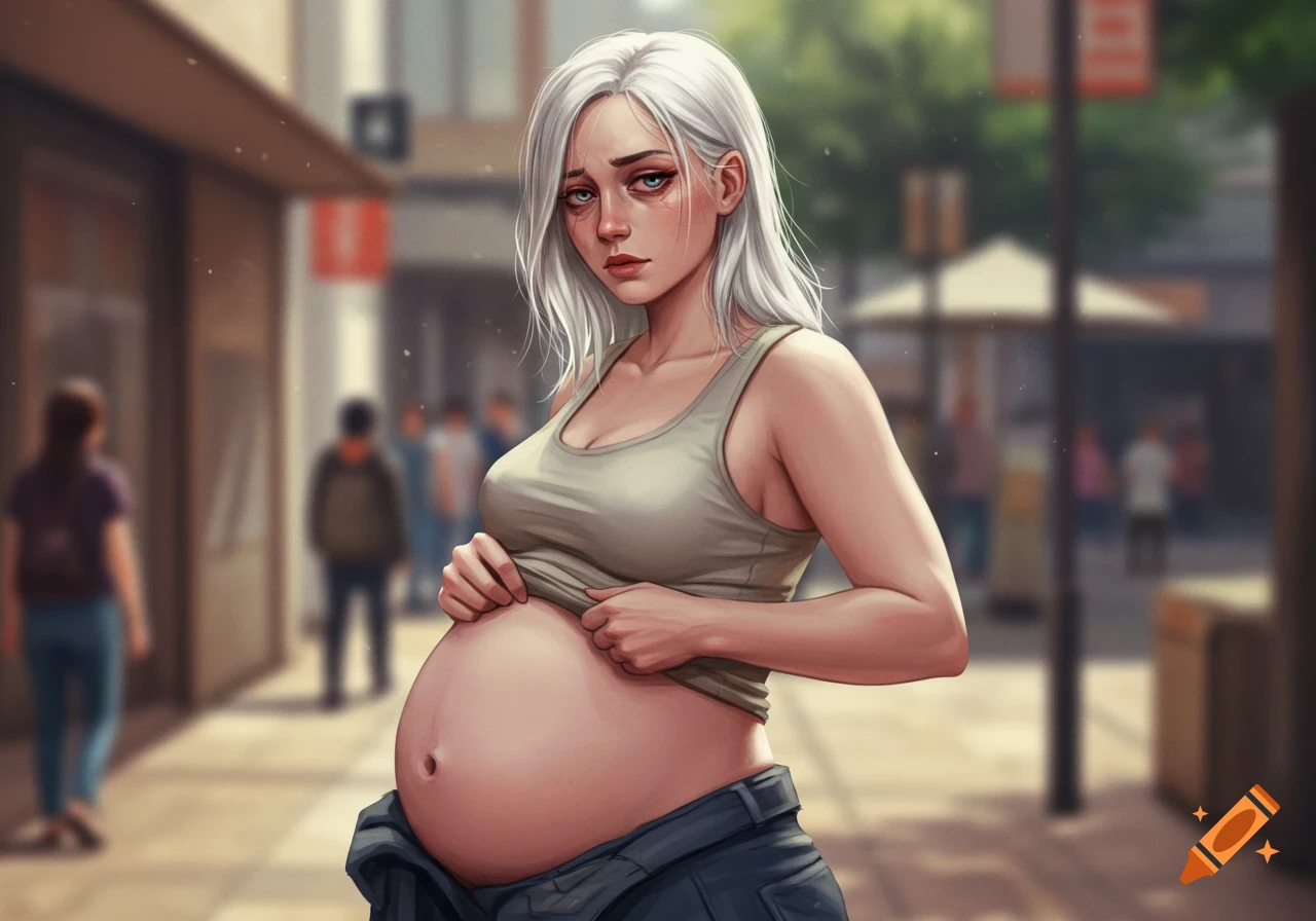 Digital art illustration of a heavily pregnant woman with silver hair, pulling up her tank top to reveal her bare belly on a city street.