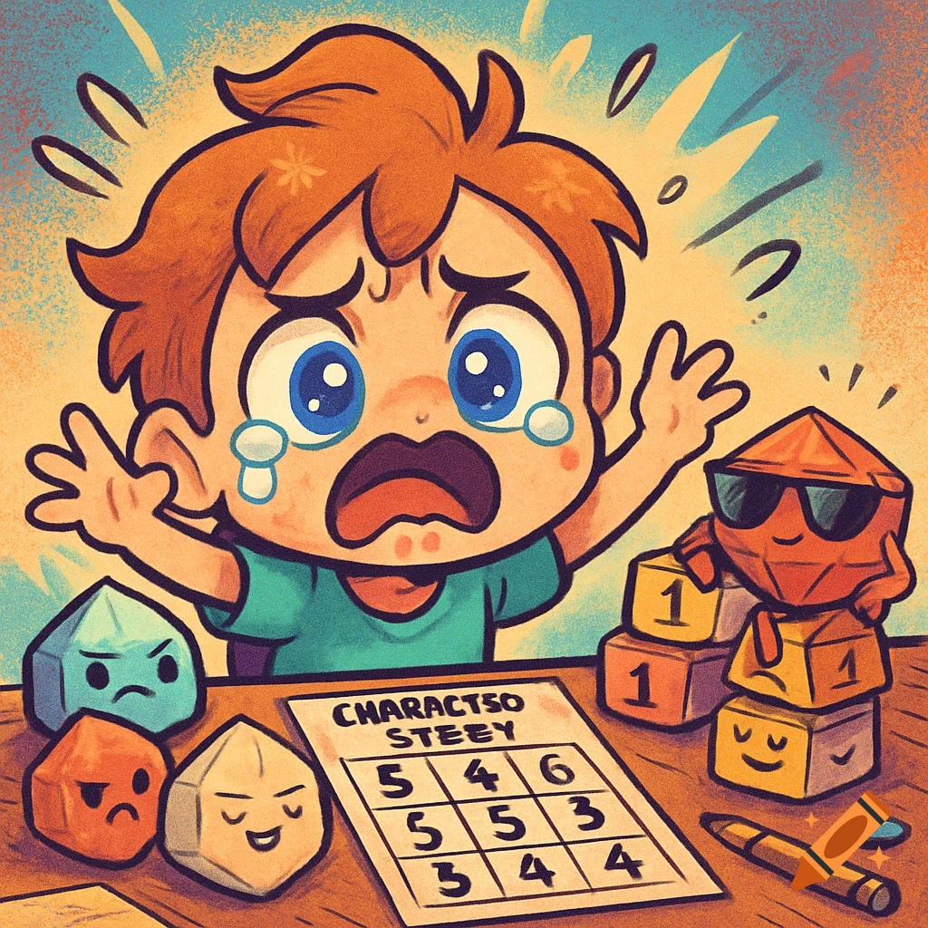A frustrated chibi boy sobs over a character sheet, surrounded by smug, anthropomorphic dice on a wooden table.
