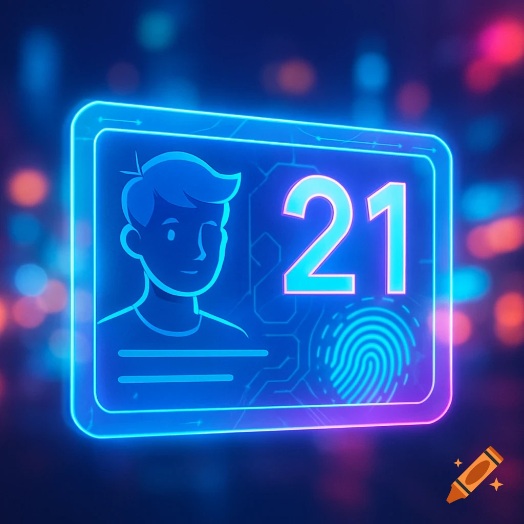 A glowing blue and pink neon digital ID card displaying a stylized person outline, the number 21, and a fingerprint icon.