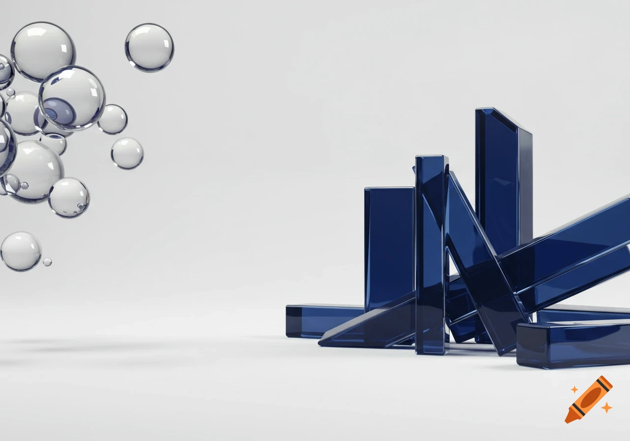 An abstract image featuring translucent bubbles on the left and sharp, blue glass-like geometric shapes on the right against a white background.