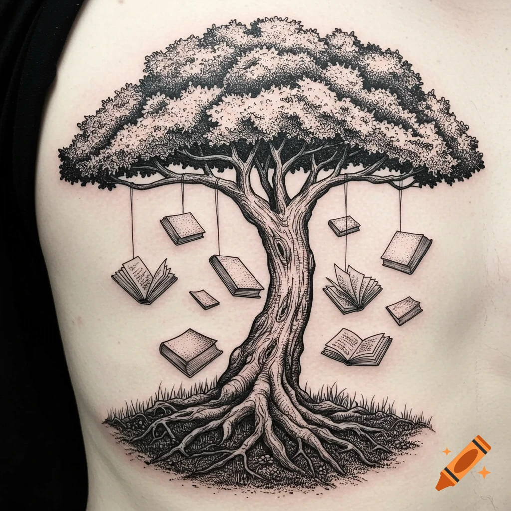 Black and white tattoo of a tree with roots and books hanging from its branches and on the ground.