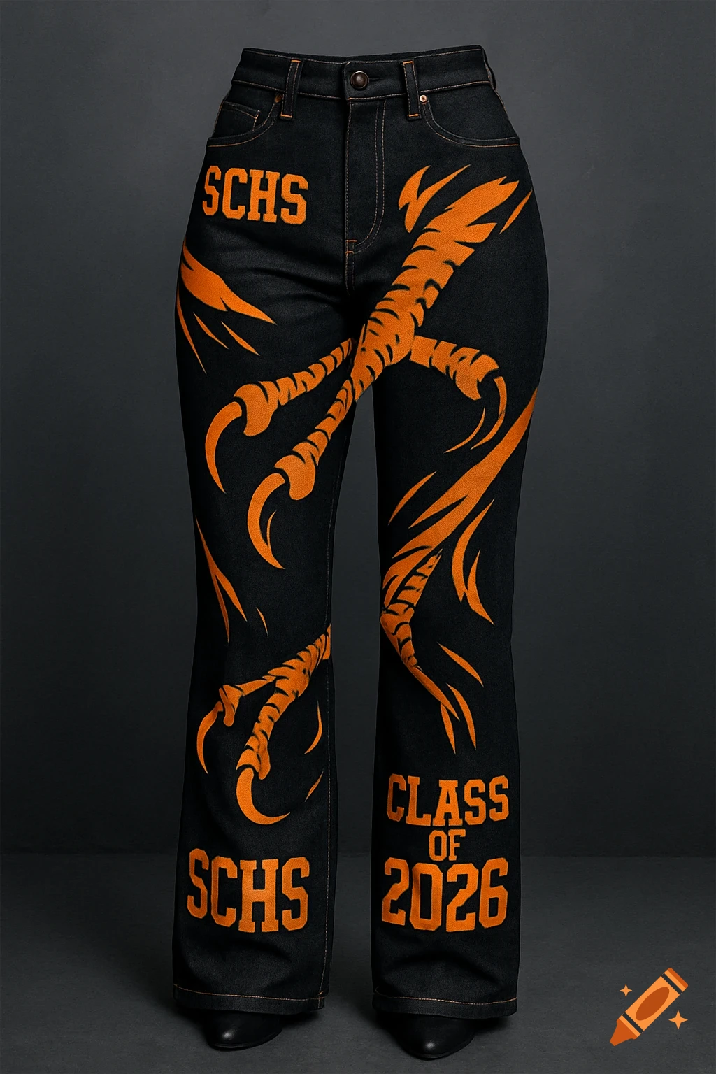 Black jeans with orange hawk claw design and orange text 'SCHS' and 'CLASS OF 2026' on a dark background.