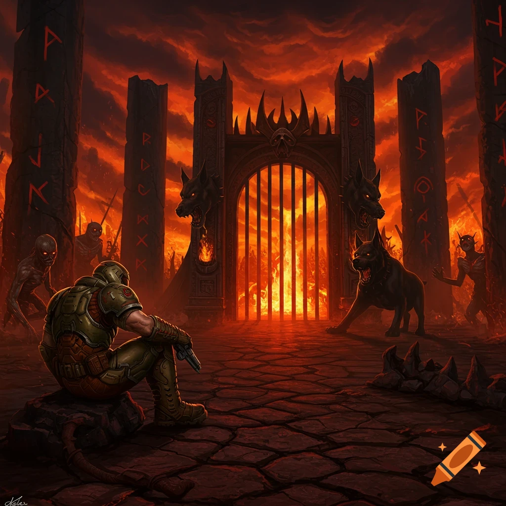 A heavily armored character sits in a fiery hellscape with demons and a monstrous gate, digital art.