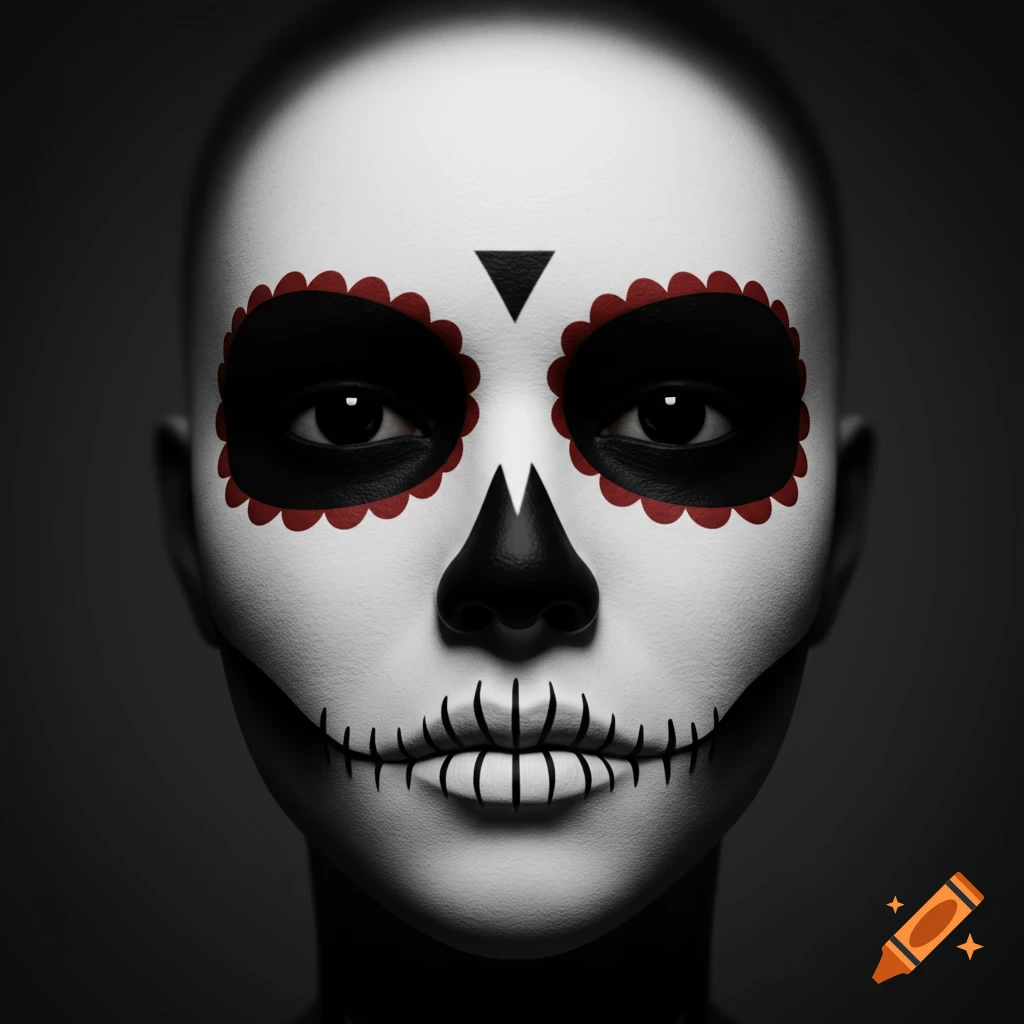 Close-up of a face with white Day of the Dead makeup, black eyes, nose, and stitched mouth, on a dark background.