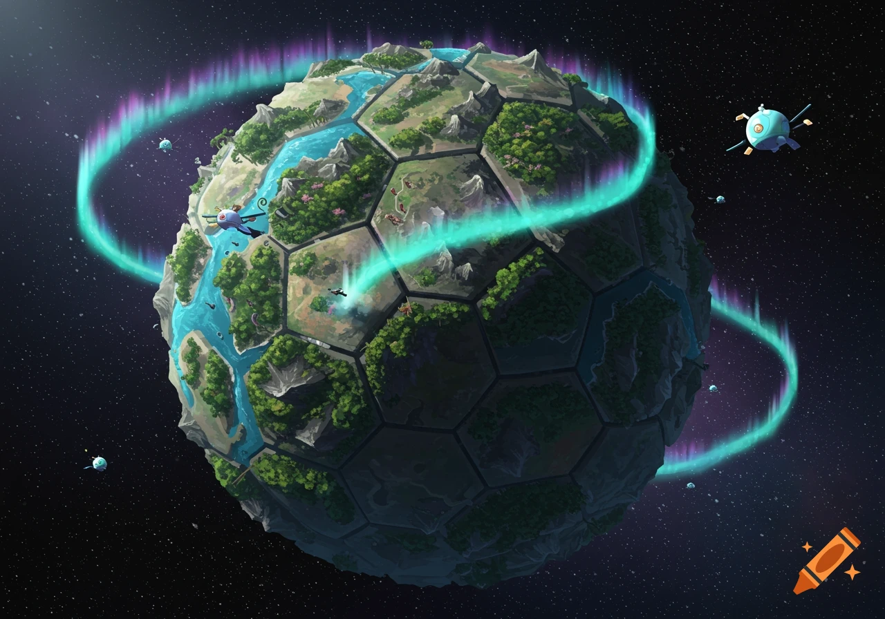 Anime style view of a hexagonal, soccer ball-like planet with green landmasses and blue rivers, orbited by satellites and an aurora in space.
