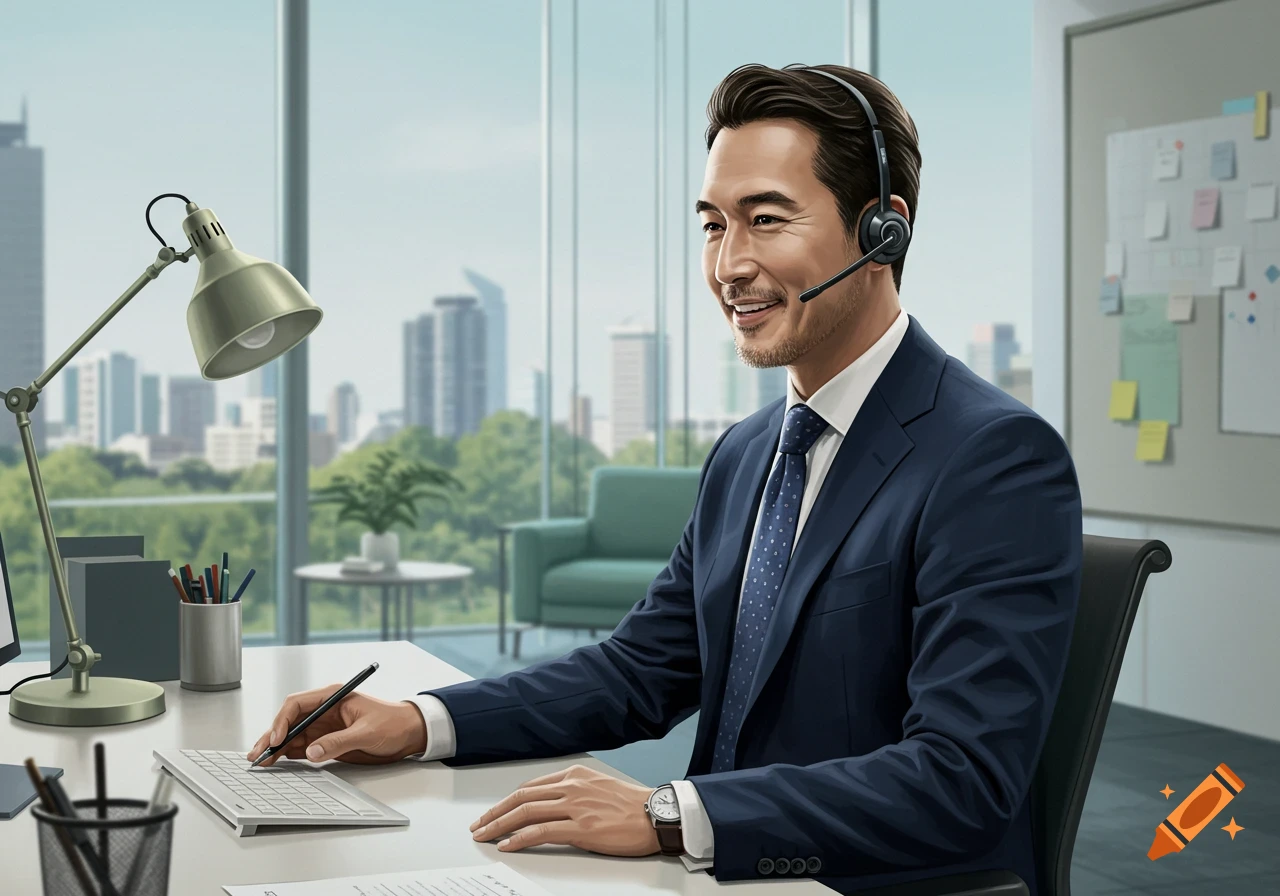 A smiling man wearing a suit and headset works at a desk in a modern office with a city view.