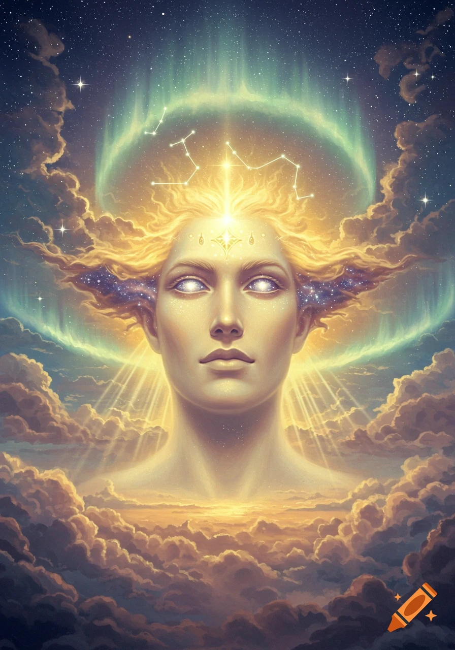 Ethereal figure with glowing eyes and golden hair, emerging from clouds and cosmic light under a starry sky.