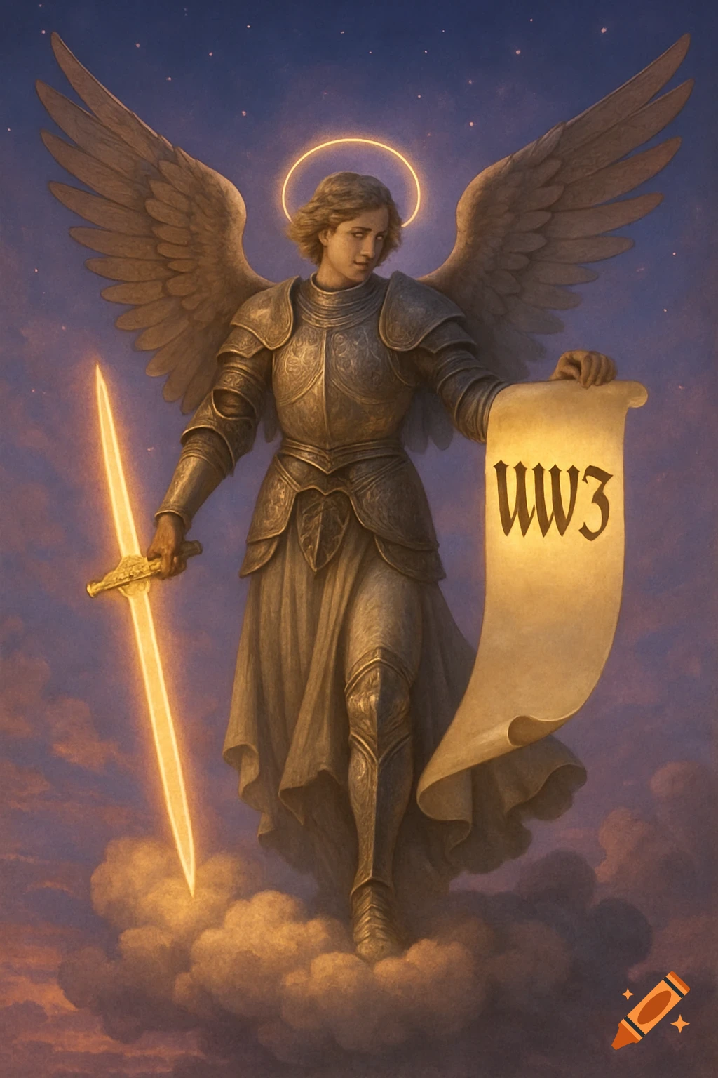 An armored angel with large wings, a halo, and a glowing sword stands on clouds, holding a scroll with 'WW3' written on it.