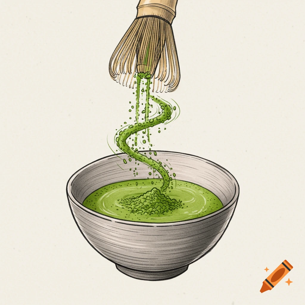 A matcha whisk above a bowl of matcha tea, with green powder swirling into the liquid, in an illustrative style.