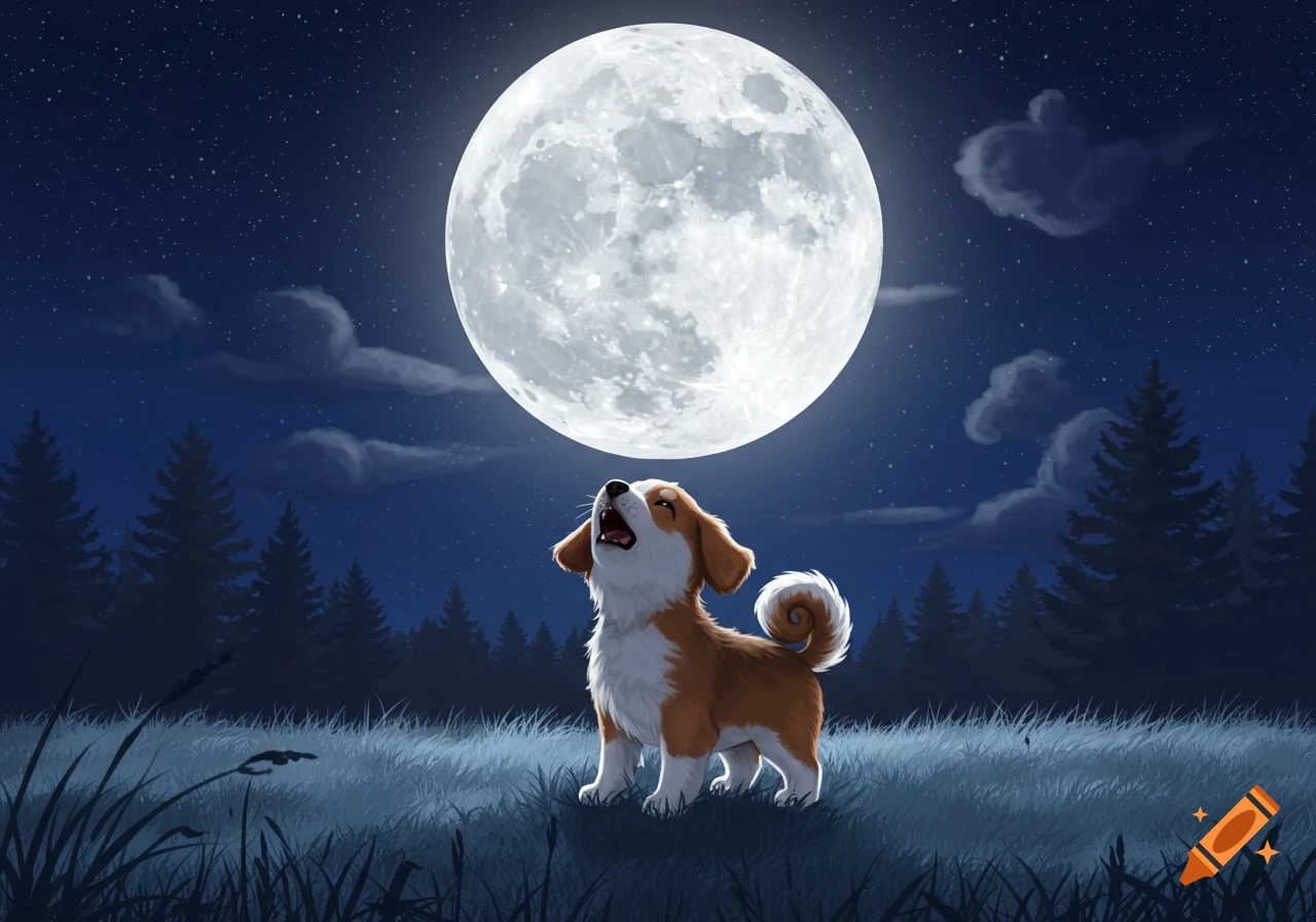 A cute brown and white dog with a curly tail howls up at a large, bright full moon in a stylized night landscape.
