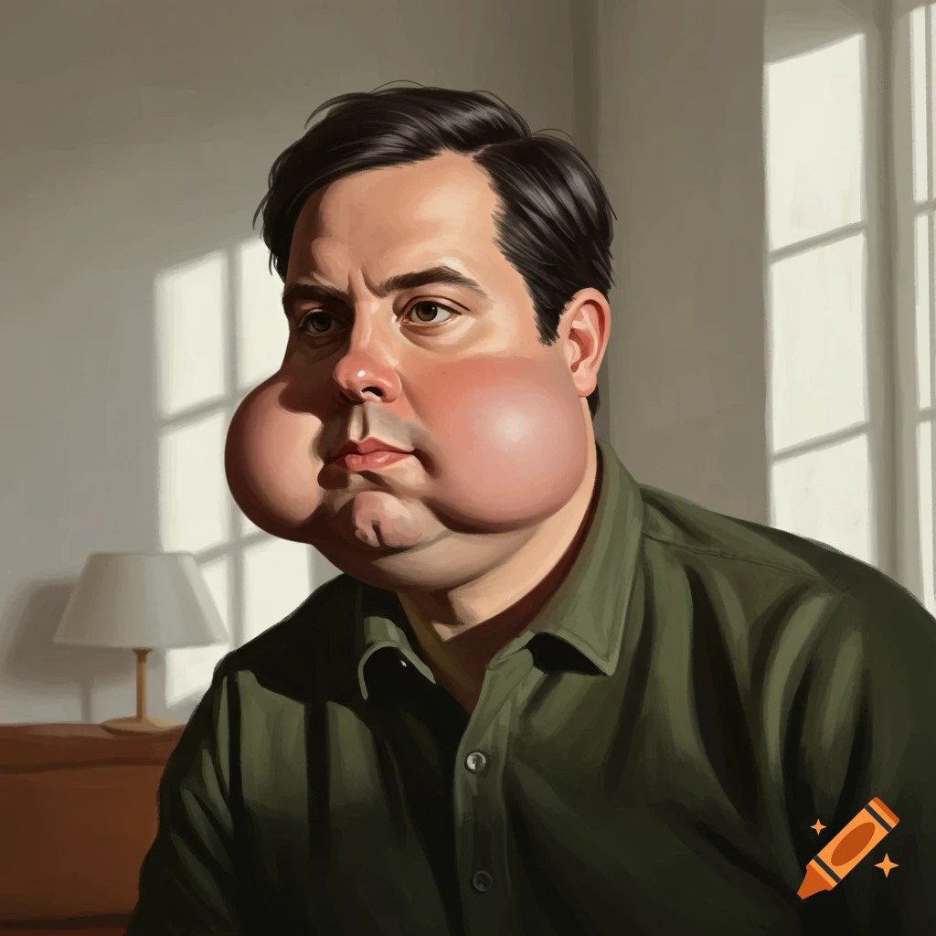 A man with extremely puffed cheeks and dark hair, wearing a green shirt, looks to the side in a well-lit room.