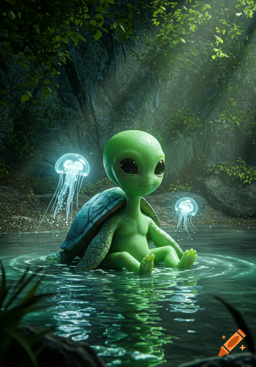 A cute green alien with a turtle shell sits in a lush spring with glowing jellyfish.
