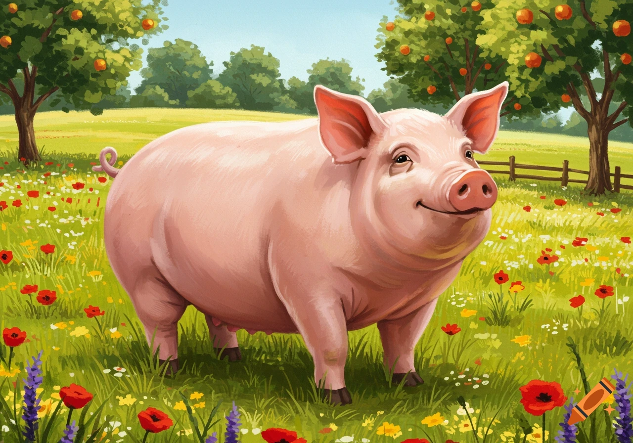A happy pink pig stands in a green field with red and purple flowers, under a blue sky, with fruit trees.